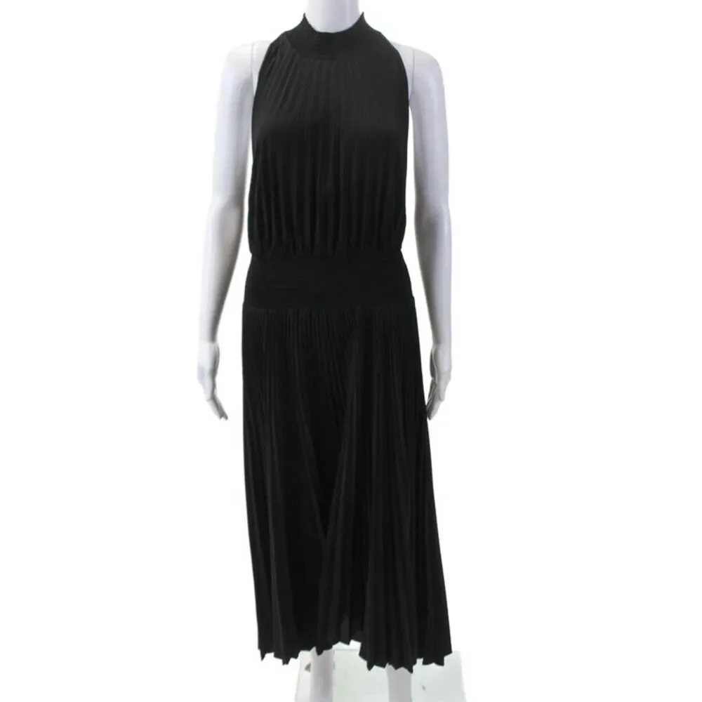 ALC Womens Sleeveless Mock Neck Pleated Midi Shift Dress Black Size 12